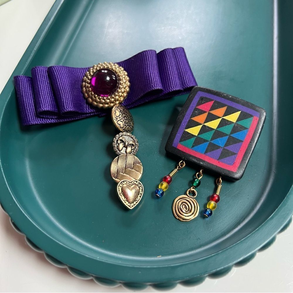Quirky Artsy Vintage Handmade One of a Kind 1990s 2 Piece Dangly Brooches Lot